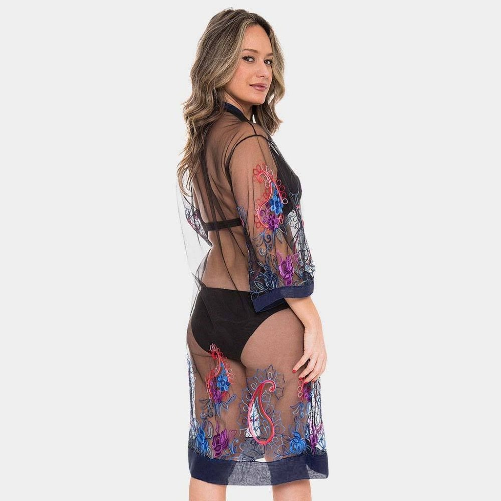 Embroidered Open Kimono Poncho